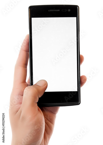 Human hand holding blank mobile smart phone isolated on white ba