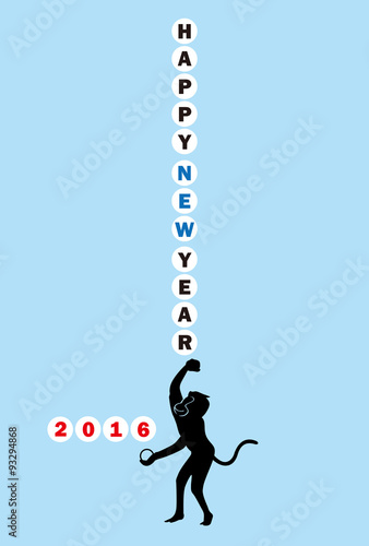 2016年年賀状-猿のボール投げ（縦書き-水色背景-はがきテンプレート）