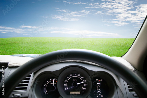 Car dashboard speeds while on green grass and sky. car driving f