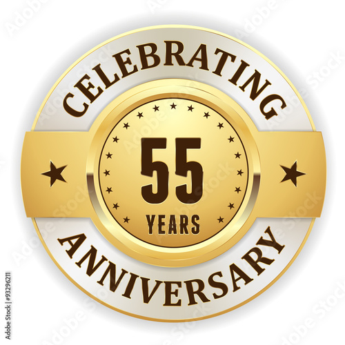 Gold celebrating 55 years, anniversary badge with white border