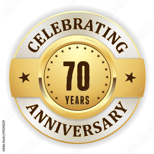 Gold celebrating 70 years, anniversary badge with white border