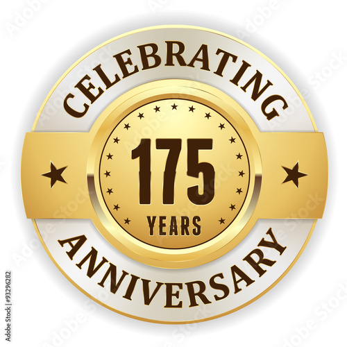 Gold celebrating 175 years, anniversary badge with white border