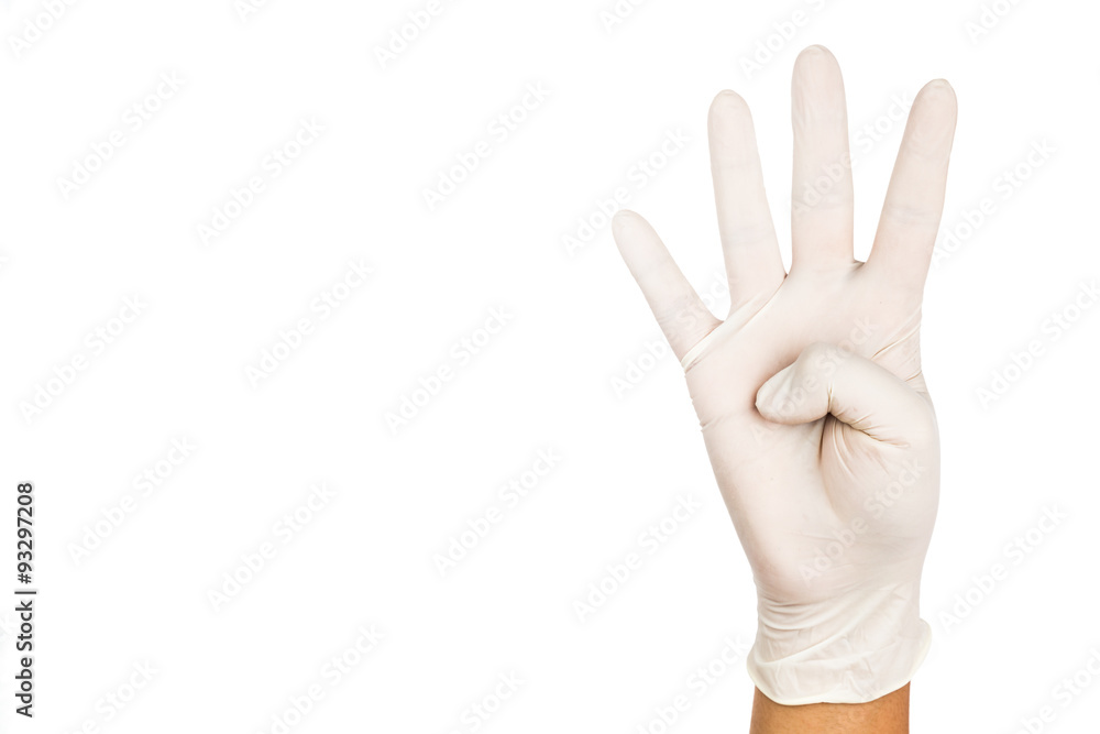 Hand in surgical latex glove gesture number Four