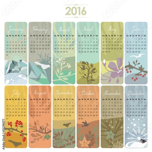 Calendar set for 2016 with vertical banners or cards. Week starts on Sunday.