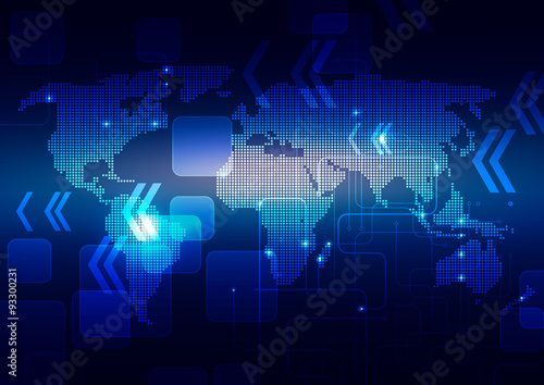 World Map with Technology Dark Blue Background