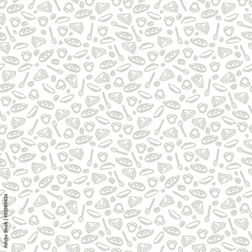 Seamless pattern. Tea cup, mug of coffee, spoon, plate, a loaf, piece of cheese, coffee beans. Pattern for postcards, textiles, fabrics. Stylish seamless pattern for the menu of restaurants and cafes.
