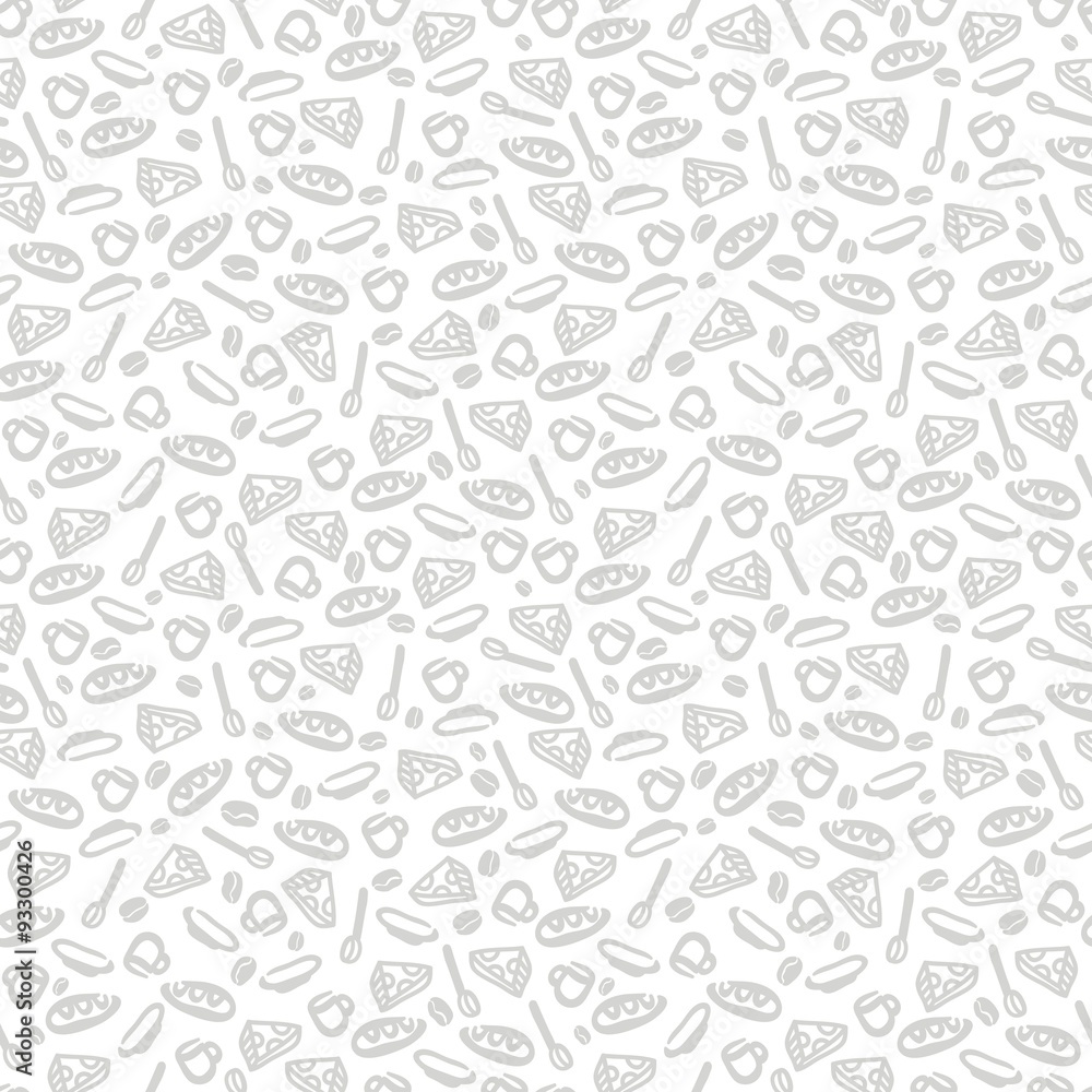 Seamless pattern. Tea cup, mug of coffee, spoon, plate, a loaf, piece of cheese, coffee beans. Pattern for postcards, textiles, fabrics. Stylish seamless pattern for the menu of restaurants and cafes. Seamless pattern. Tea cup, mug of coffee, spoon, plate, a loaf, piece of cheese, coffee beans. Pattern for postcards, textiles, fabrics. Stylish seamless pattern for the menu of restaurants and cafes.