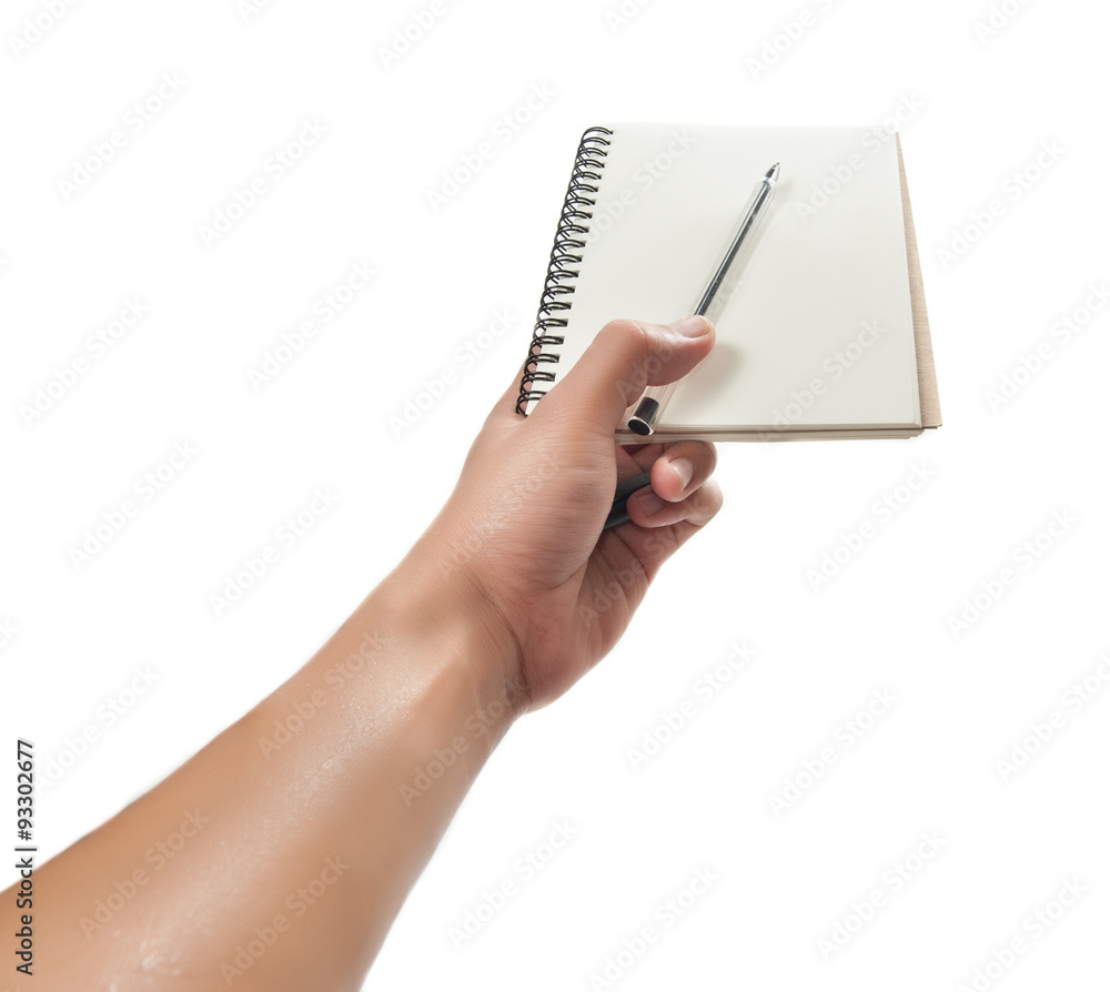 hand holding pen and notebook isolated over white background hand holding pen and notebook isolated over white background