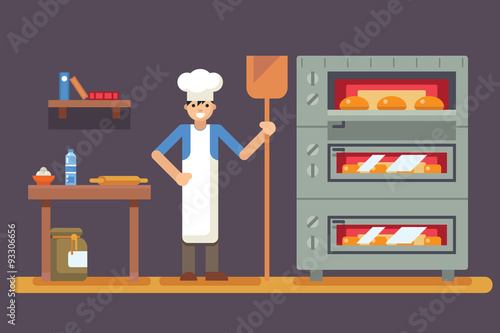 Cook baker cooking bread icon on bakery background  flat design
