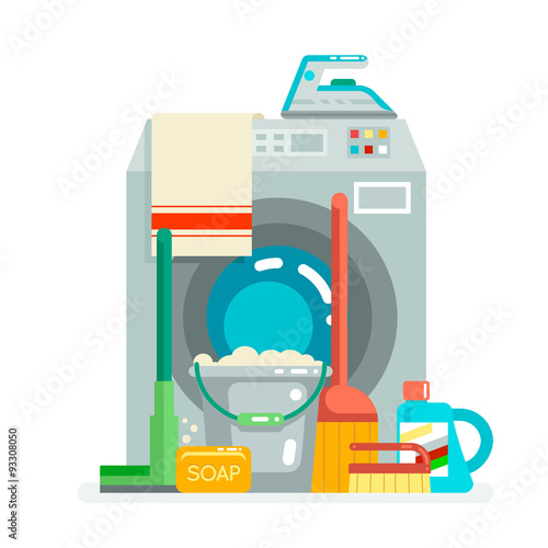 Washing cleaning concept supplies icons  flat design vector
