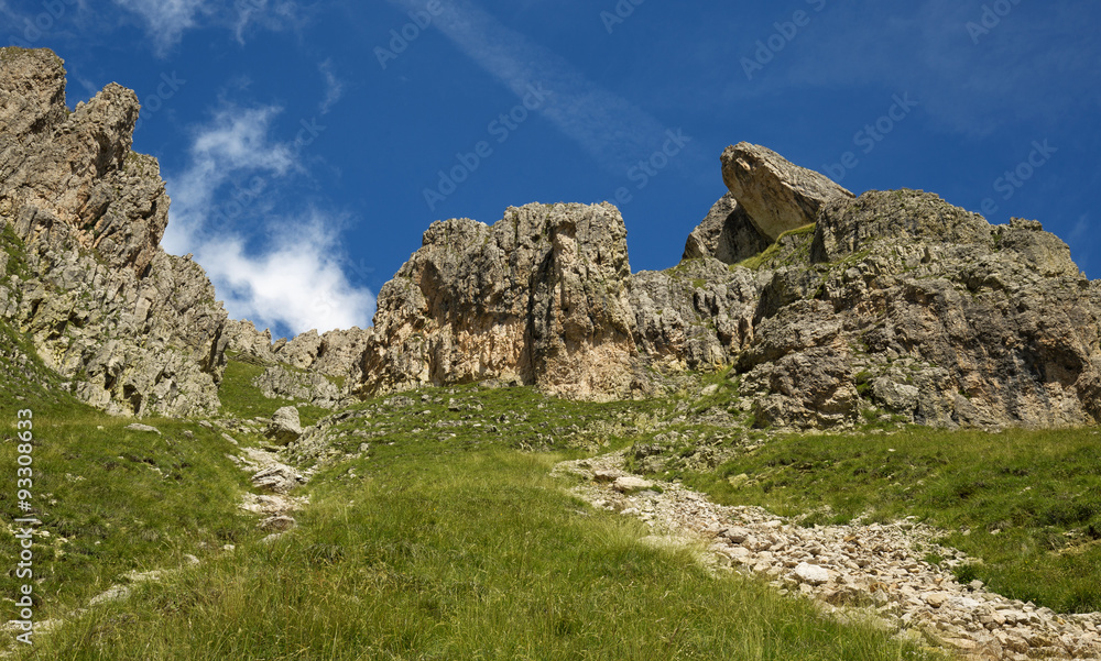 view of rock formations in an alpine meadow