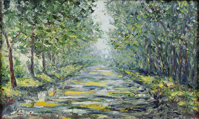 Leinwandbilder Olivgrün road in the summer forest, oil painting  © weris7554
