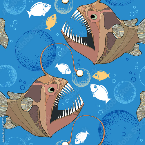 Seamless pattern with Angler fish or monkfish and bubbles