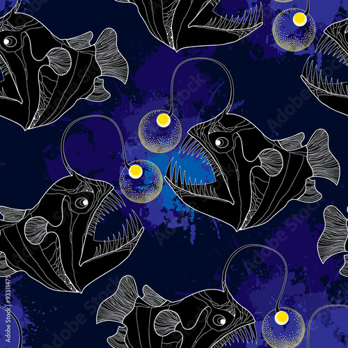 Seamless pattern with Angler fish or monkfish and blue blots