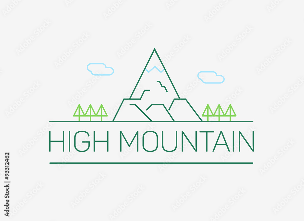 Vector high mountain logo and emblem in outline style