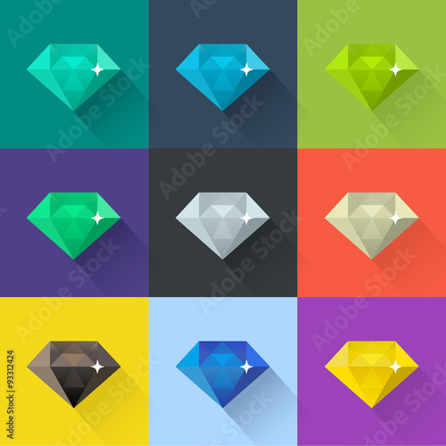 Diamond vector illustration set in flat design. Colored icons.
