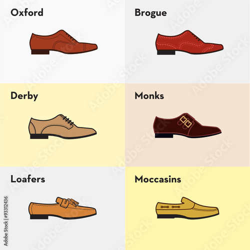 Vector graphic set icons of flat classical men's shoes.