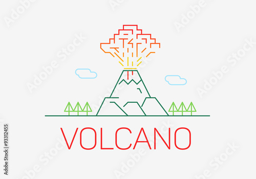 Volcano exploding thin line icon flat design logo elements. 