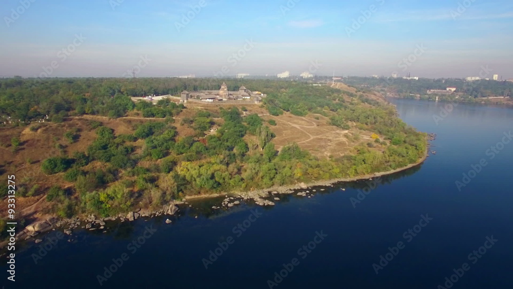 Khortytsya wooden castle - October 4: Aerial view: overall plan of Khortytsya wooden castle on October 4 2015. Khortytsya island, Zaporizzhya, Ukraine. Khortytsya wooden castle - October 4: Aerial view: overall plan of Khortytsya wooden castle on October 4 2015. Khortytsya island, Zaporizzhya, Ukraine.