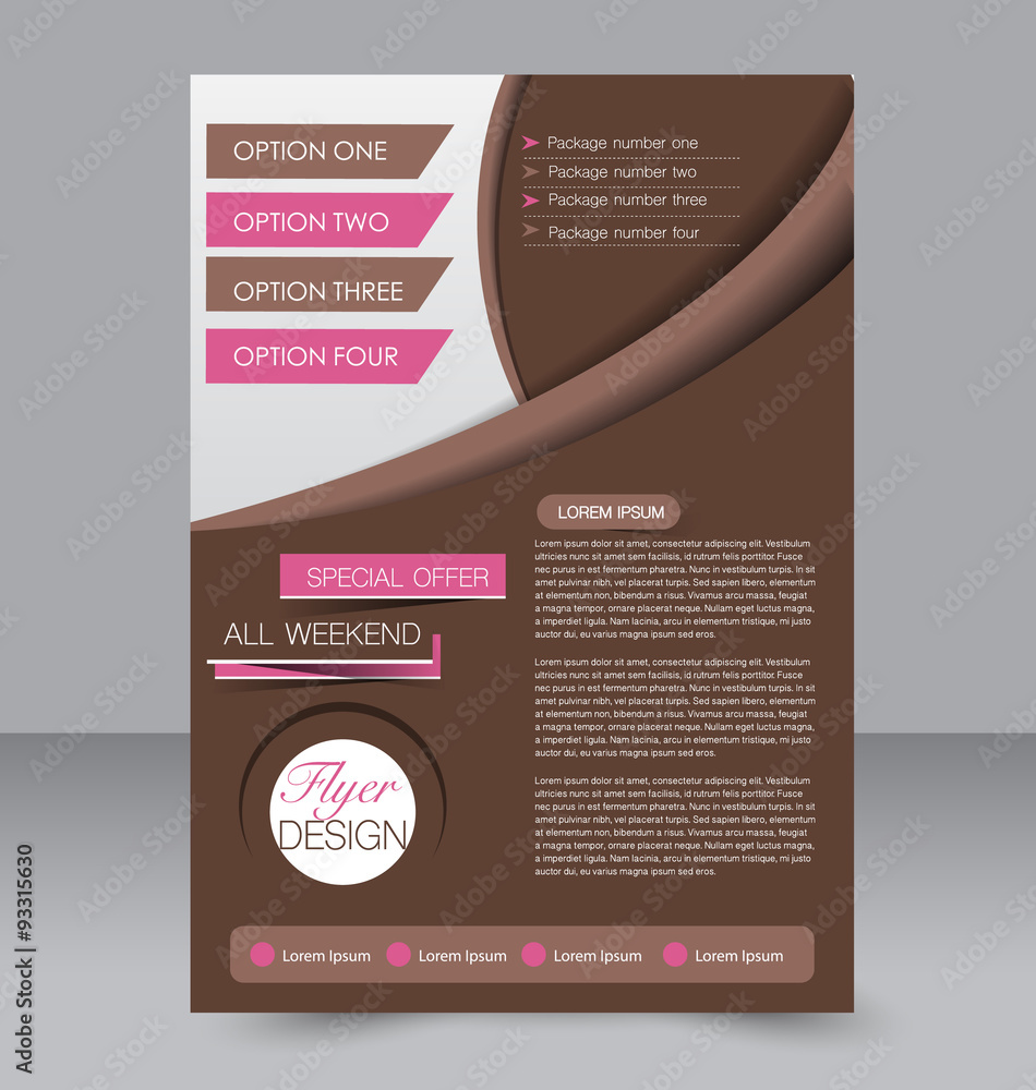 Brochure template. Business flyer. Editable A4 poster for design, education, presentation, website, magazine cover.  Pink and brown color.