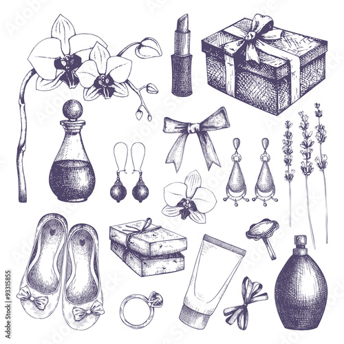 Vintage fashion template. Vector hand drawn cosmetics design isolated on white