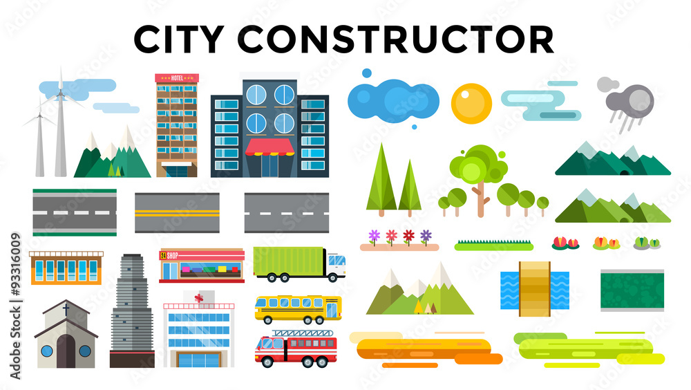 Buildings and city transport flat style illustration