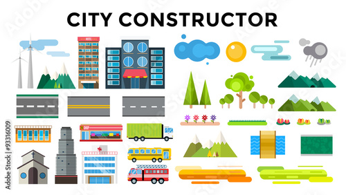 Buildings and city transport flat style illustration