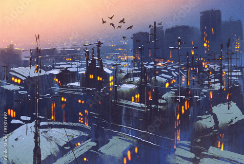 malowanie sceny śnieżnej zimy miasta, dachy pokryte śniegiem o zachodzie słońca