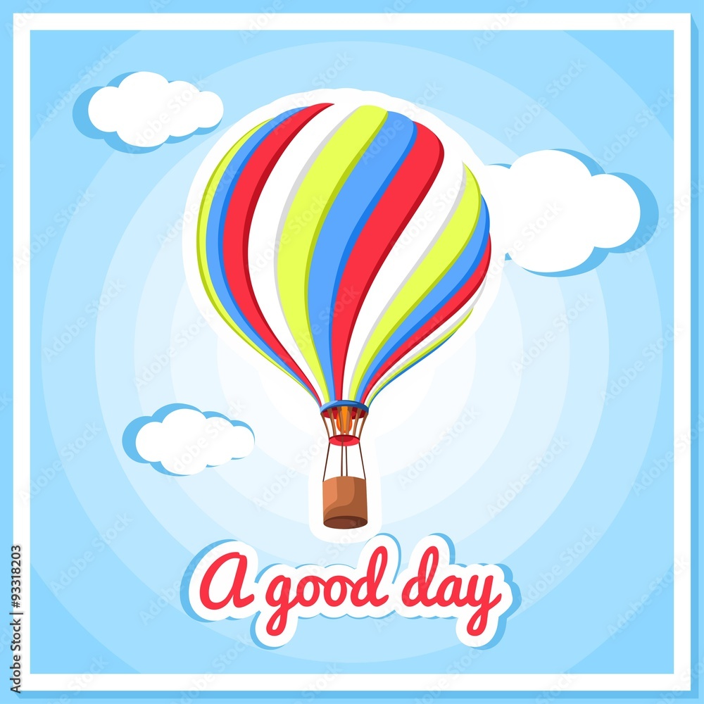 Naklejka premium Vector illustration of a hot air balloon, clouds. Beautiful, colorful balloon, hot air balloon. Greeting card, poster. Good day, air, nature, sky, clouds. Summer background.