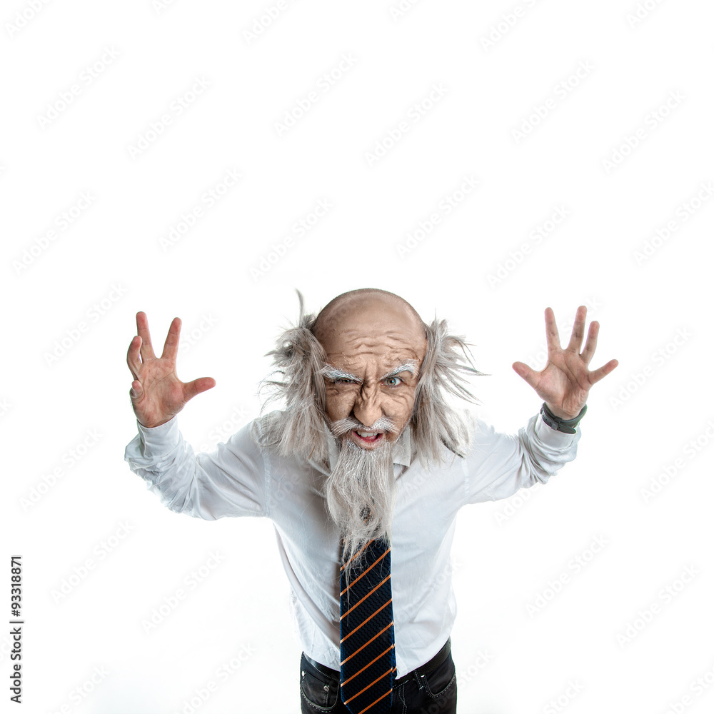 crazy old man on a white background in studio crazy old man on a white background in studio