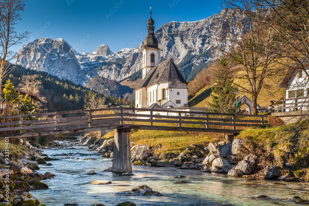 Church of Ramsau in fall, Berchtesgadener Land, Bavaria, Germany