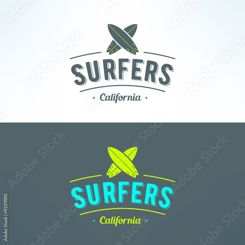 Vector surfing logo with surfboards. Surfing shop emblem. T