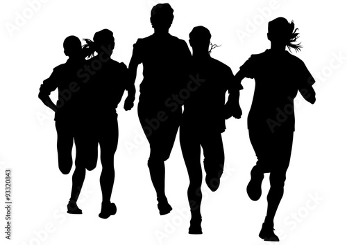 Woman athletes on running race on white background