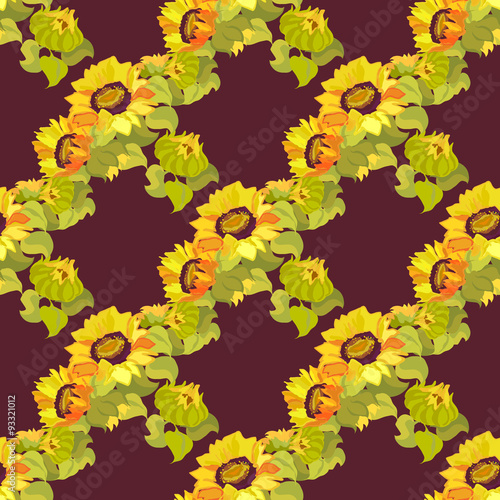 Sunflower garland seamless pattern on dark bacground