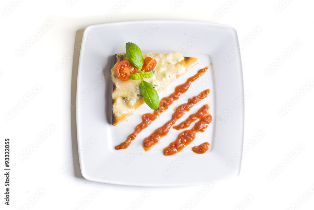 Bruschetta with mozzarella and tomato sauce on white background