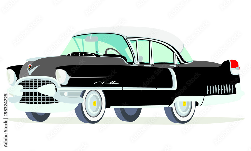 Caricatura Cadillac Fleetwood Sedán 1955 negro vista frontal y lateral
