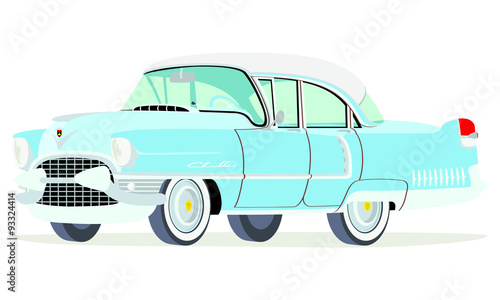Caricatura Cadillac Fleetwood Sedán 1955 azul claro vista frontal y lateral