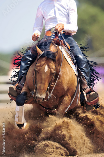 The front view of a rider stopping a horse in the sand.