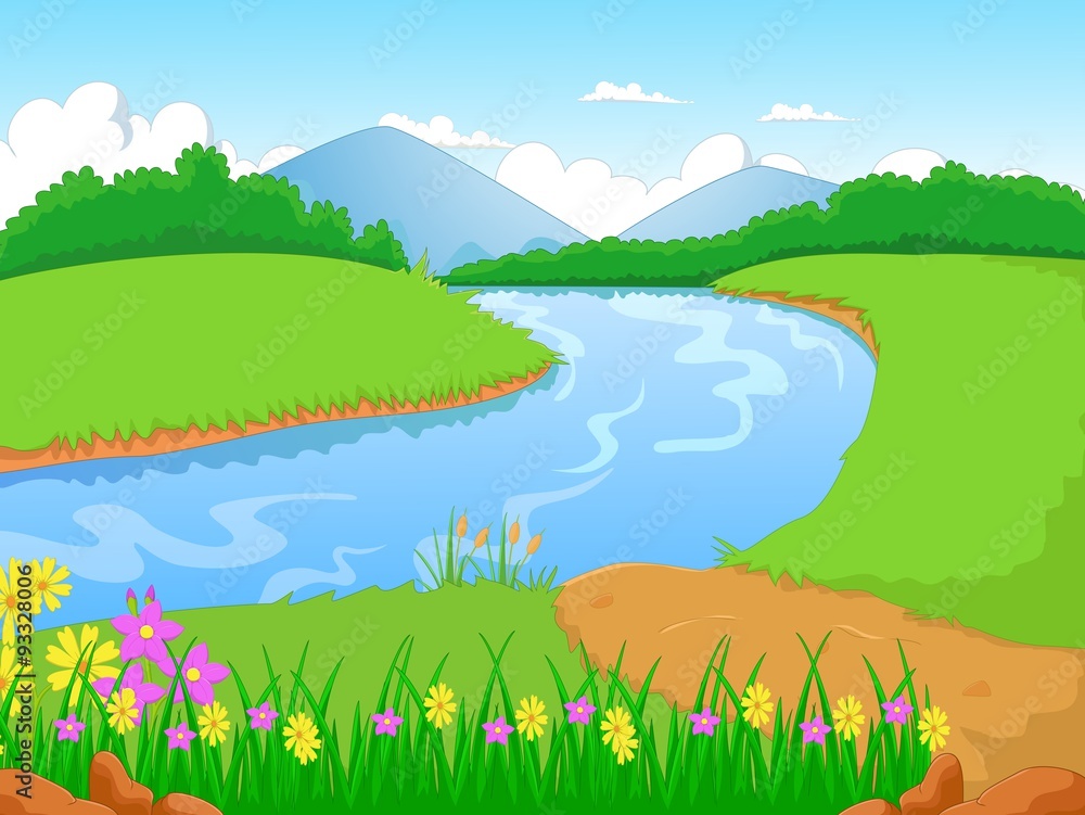 Illustration of a forest with a river and flower Illustration of a forest with a river and flower