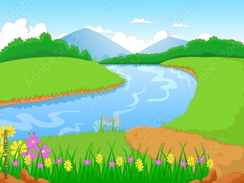 Illustration of a forest with a river and flower