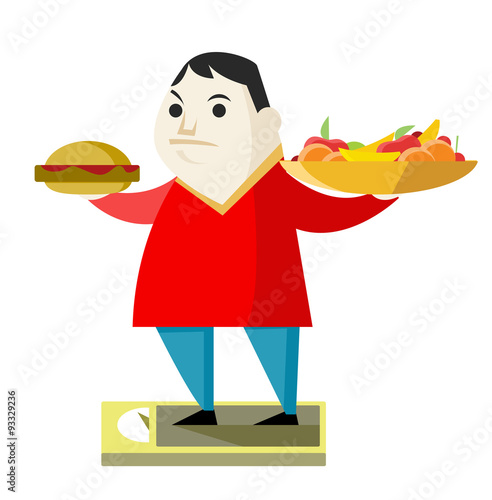 hombre obeso sosteniendo comida sana y comida chatarra
