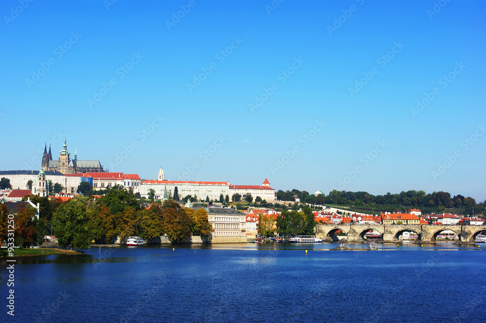 Vltava River, cityscape, autumn in Prague