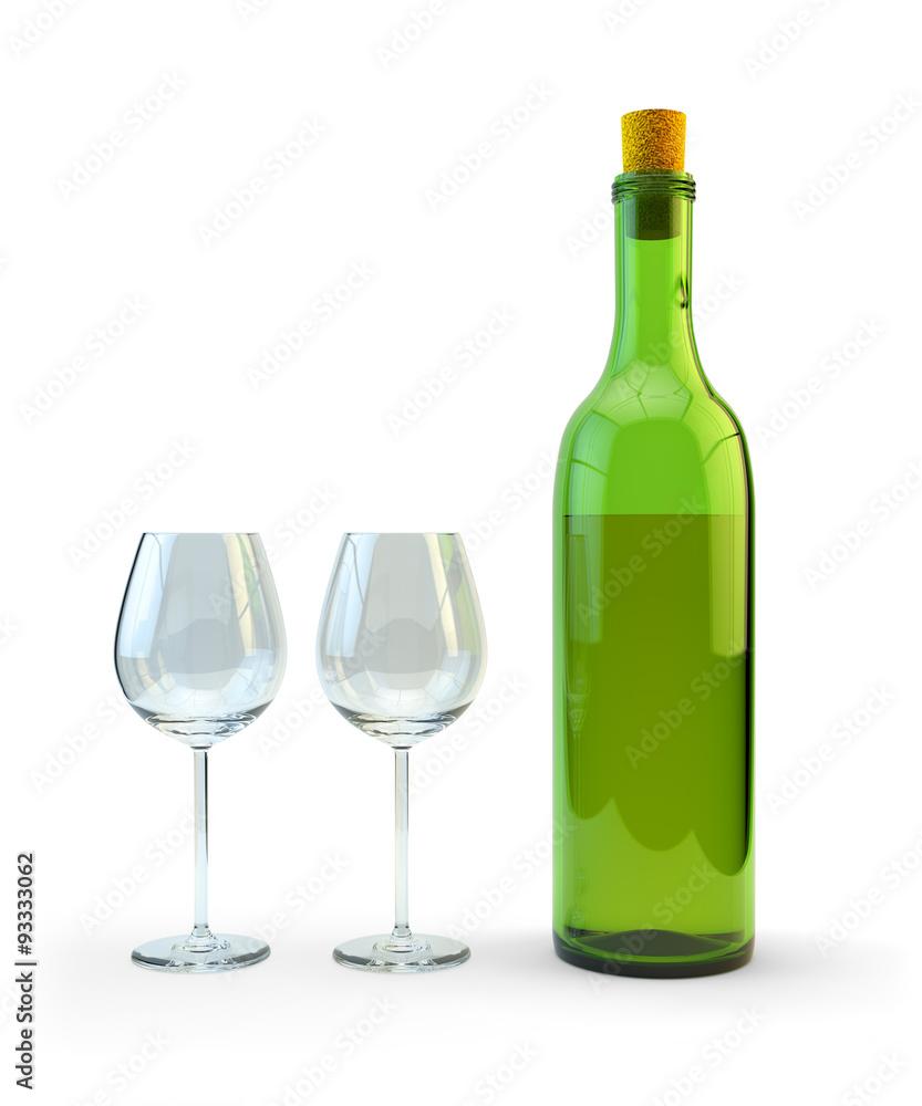 Bottle of whine with a cork and pair of empty glasses isolated on white background Bottle of whine with a cork and pair of empty glasses isolated on white background