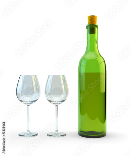 Bottle of whine with a cork and pair of empty glasses isolated on white background