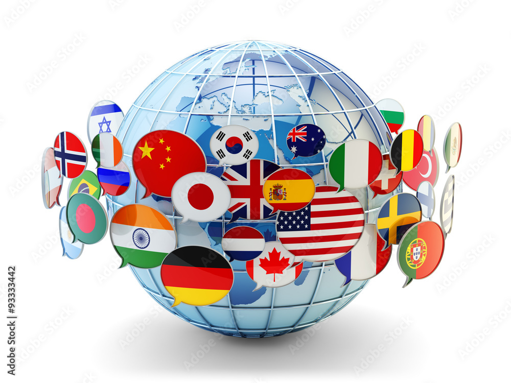 Global communication, international messaging and translation concept, speech bubbles with national flags of world countries around blue Earth globe isolated on white background