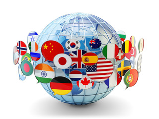 Global communication, international messaging and translation concept, speech bubbles with national flags of world countries around blue Earth globe isolated on white background