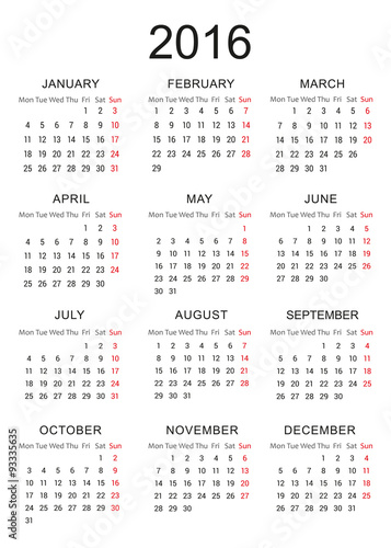 Simple Calendar of new year 2016 - EPS Vector Template