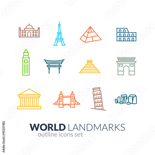 World landmarks outline icons set