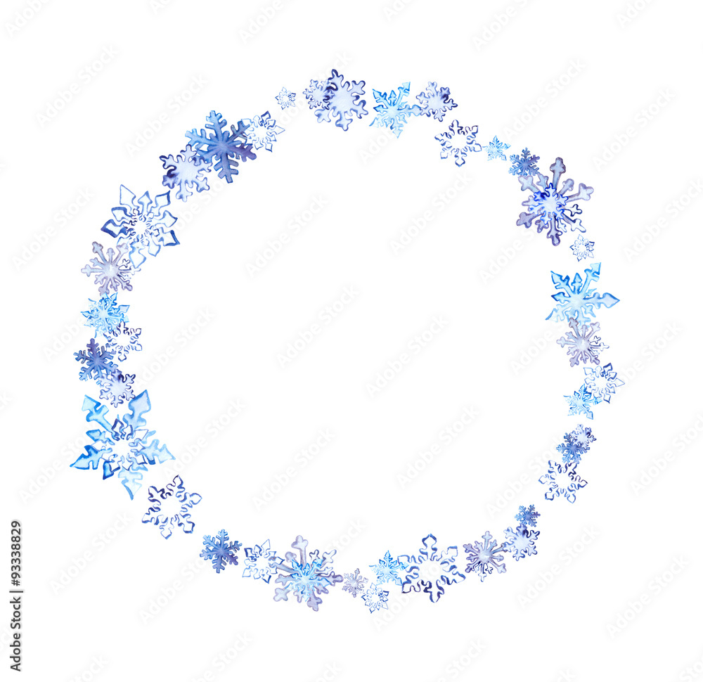 Winter wreath with snowflakes. Watercolor round frame