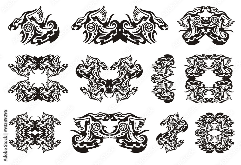 Tribal dragon symbols with circle. Twirled unusual reptile with circle, frames and symbols from it